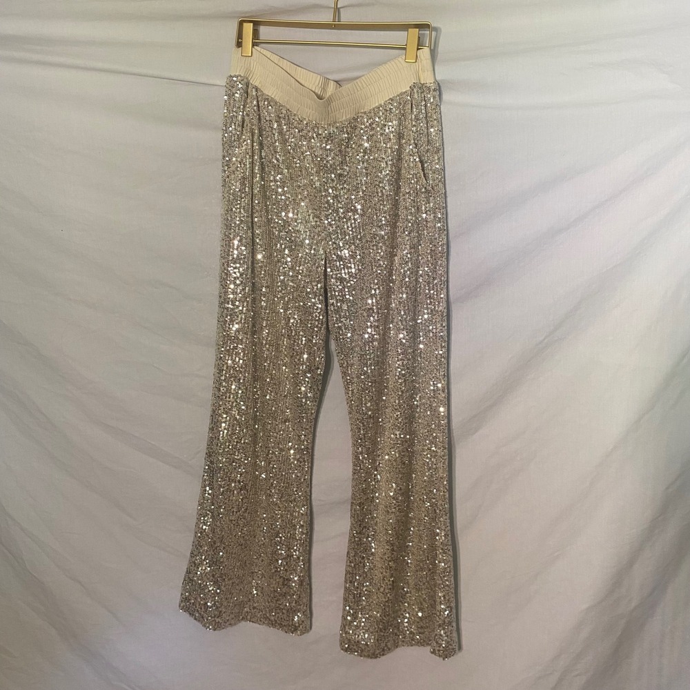 Boston Proper Champagne Gold Sequin Wide Leg Pants Womens Size S Holiday Party